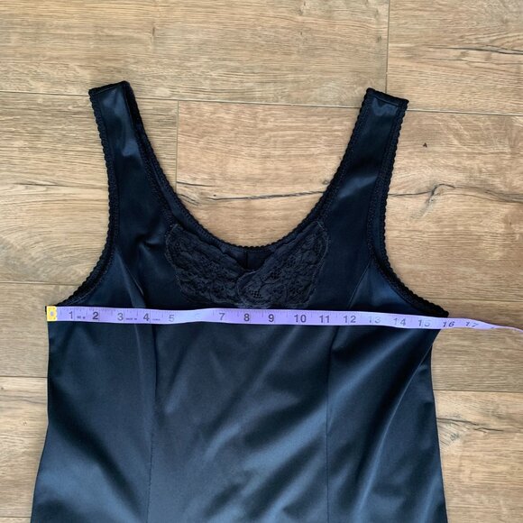 Vintage Pink Lady Slip Dress Nightgown 36 Black Satin Lace Trim Midi Lingerie - Picture 12 of 14